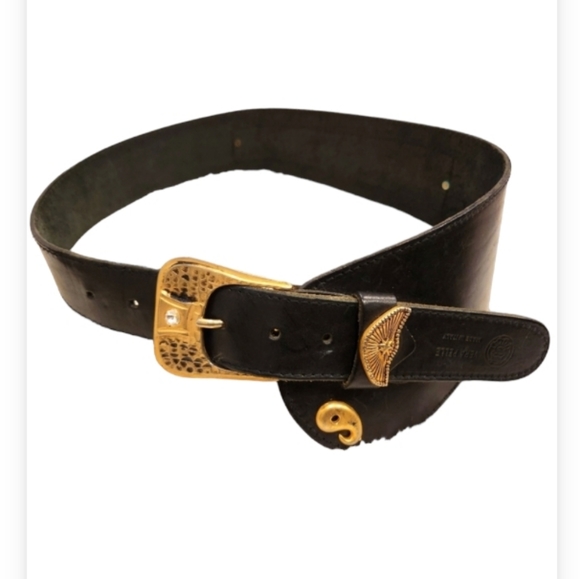Vintage Black and Gold Belt Leather with Rhinestone Detail by Vera Pelle - Picture 1 of 4